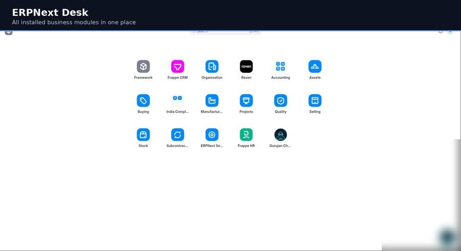 ERPNext desk — all installed business modules