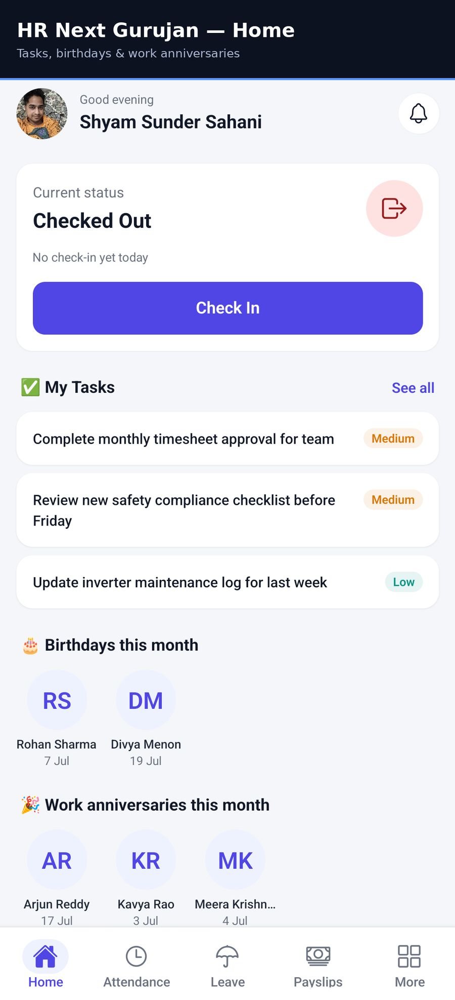 HR Next Gurujan — home screen
